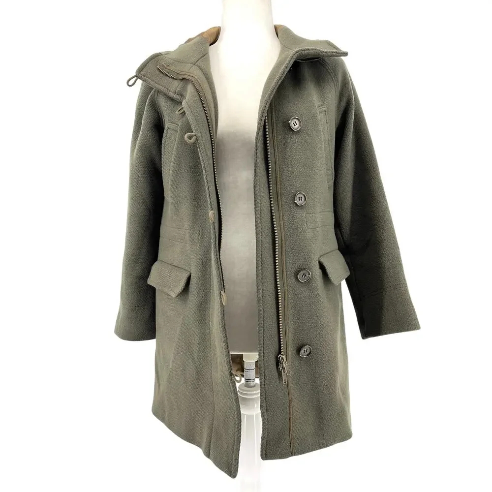 J. Crew Women’s 4P Stadium‎ Cloth Nello Gori Green Wool Duffle Pea Coat Hooded - Picture 3 of 10